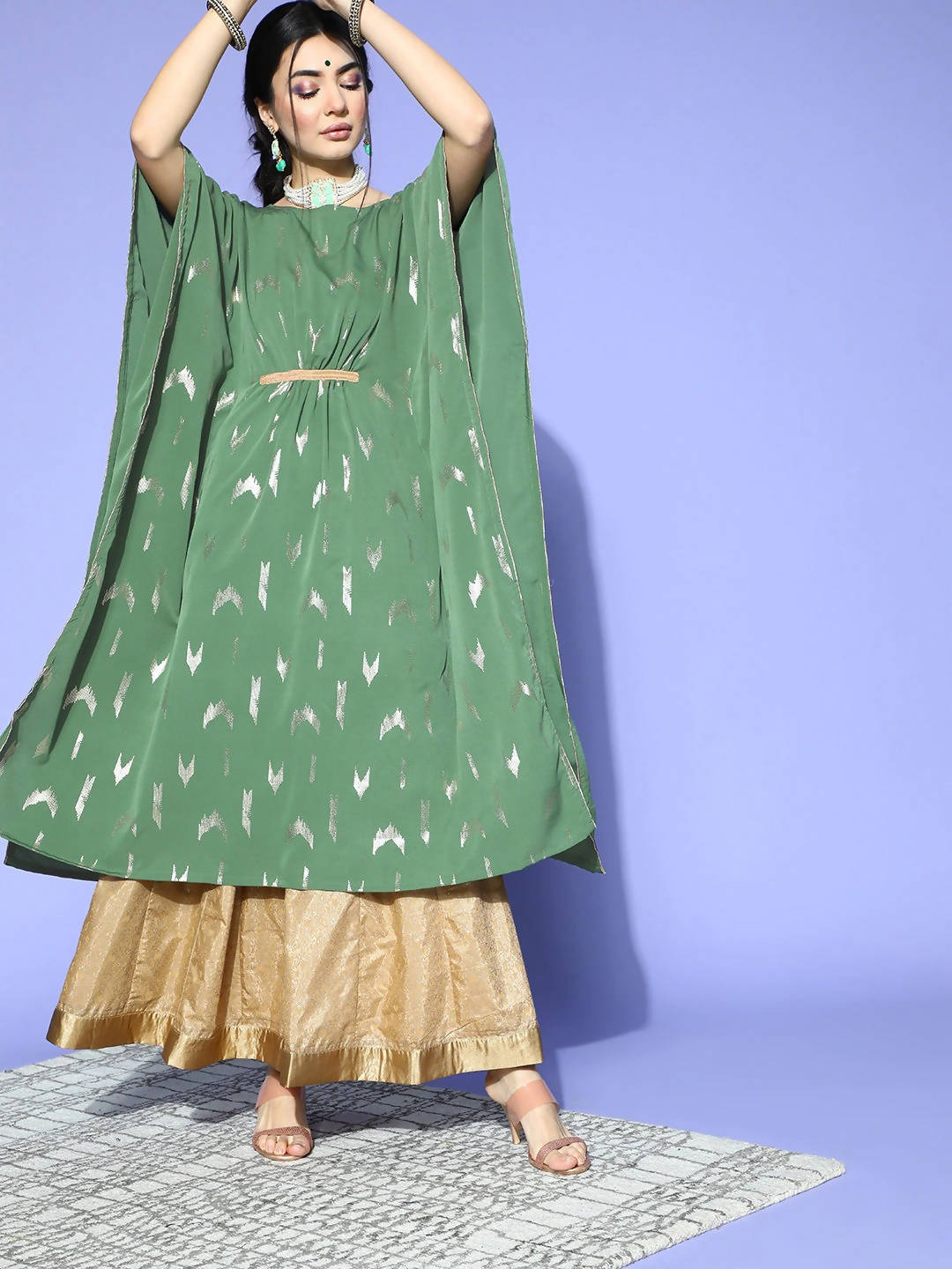 Janasya Women Green Geometric New Age Kaftan Kurta