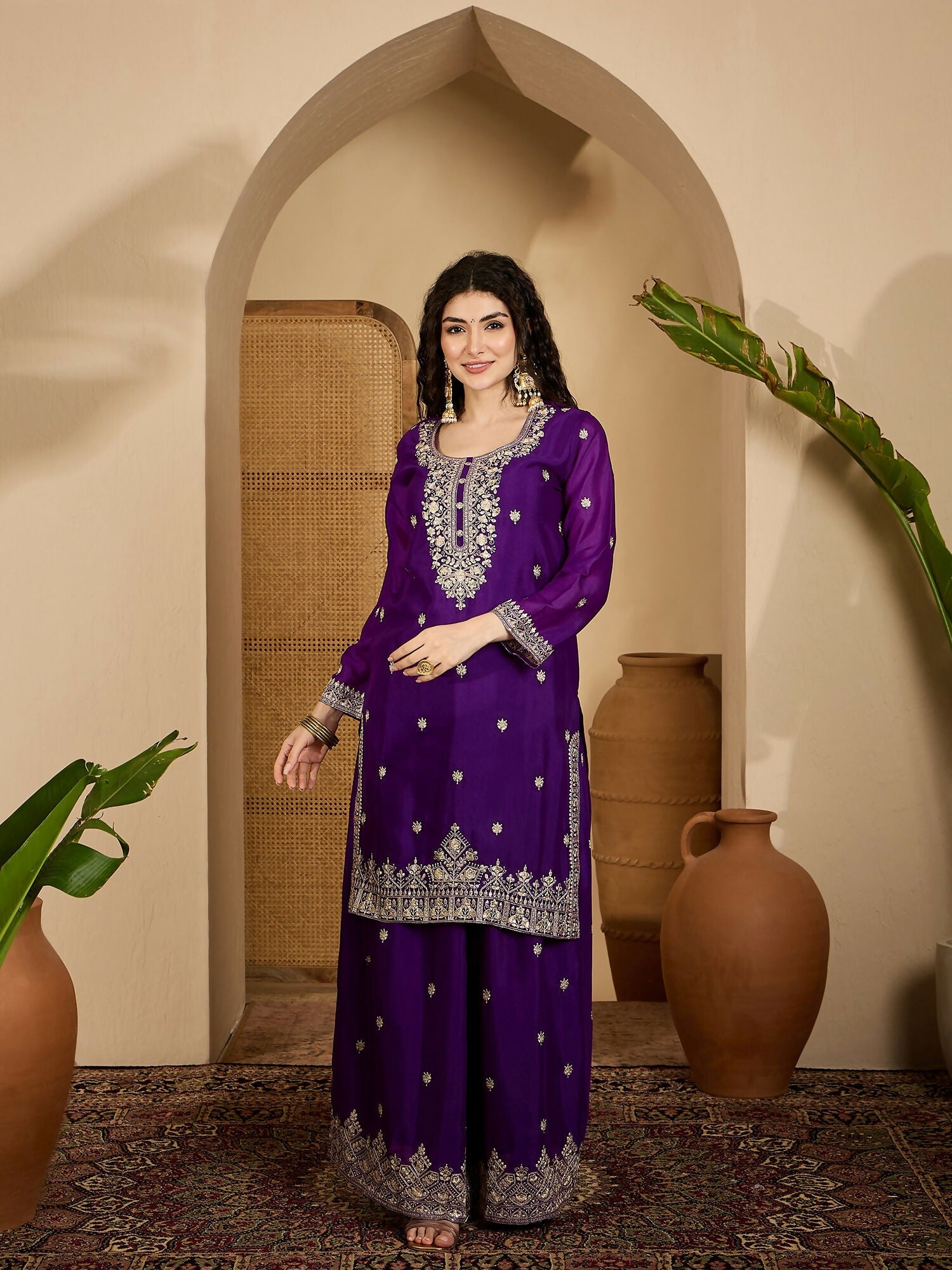 Joban Fashion Embroidery Purple Chinon Silk Kurta Set
