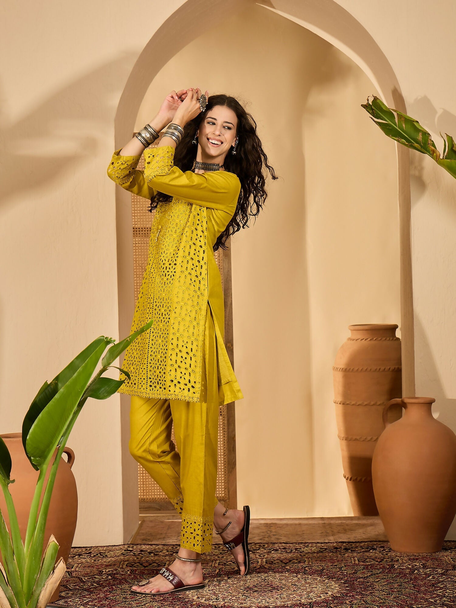 Joban Fashion Embroidery Mustard Pure Cotton Cord Set