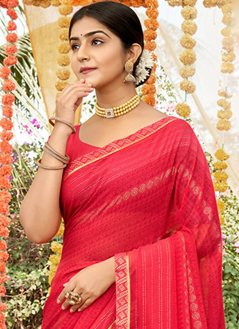 Red Georgette Foil Printed Saree with Unstitched Blouse Piece - Avika