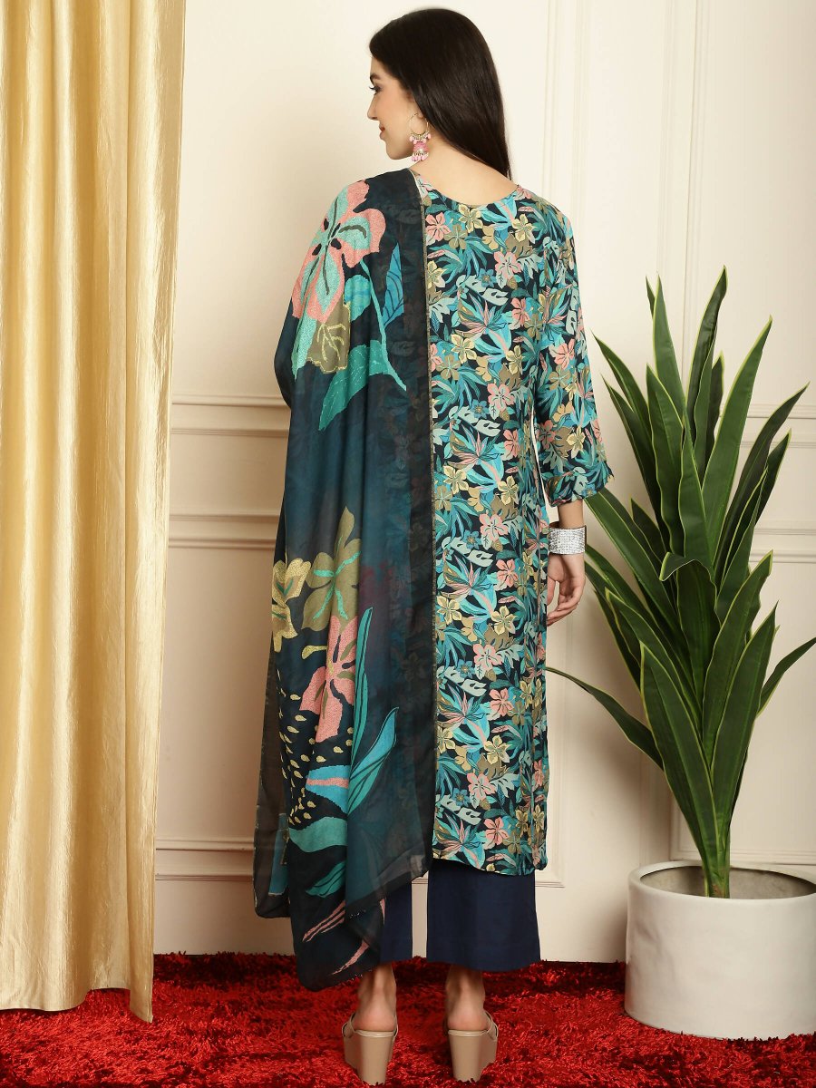Aastha Fashion Women's Navy Blue Muslin Digital Printed with Embroidered Lace work Kurta with Trouser & Dupatta - Grab2buy