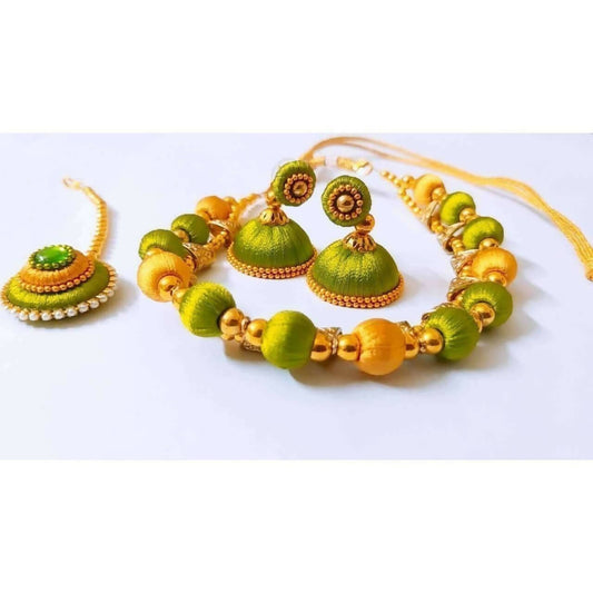 Green and Gold Silk Threaded Necklace Set with Earrings and Maang Tika - Grab2buy