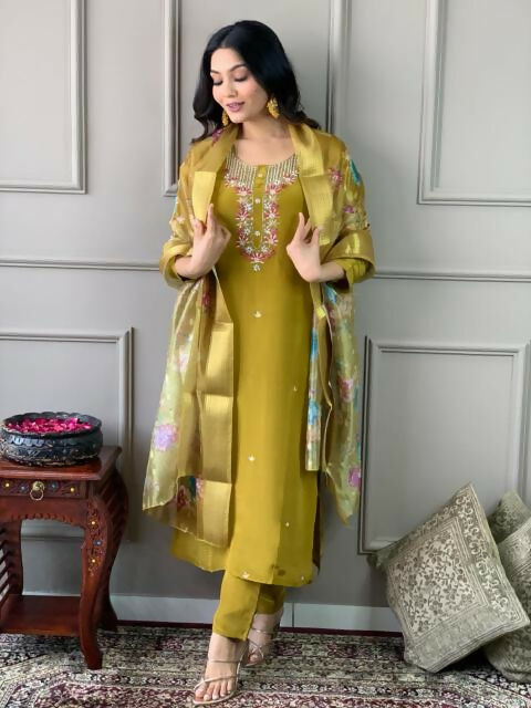 The52 Mustard Gorgeous Embroidered Viscose Chanderi Fabric Straight Kurta Pant with Dupatta Set | Grab2Buy