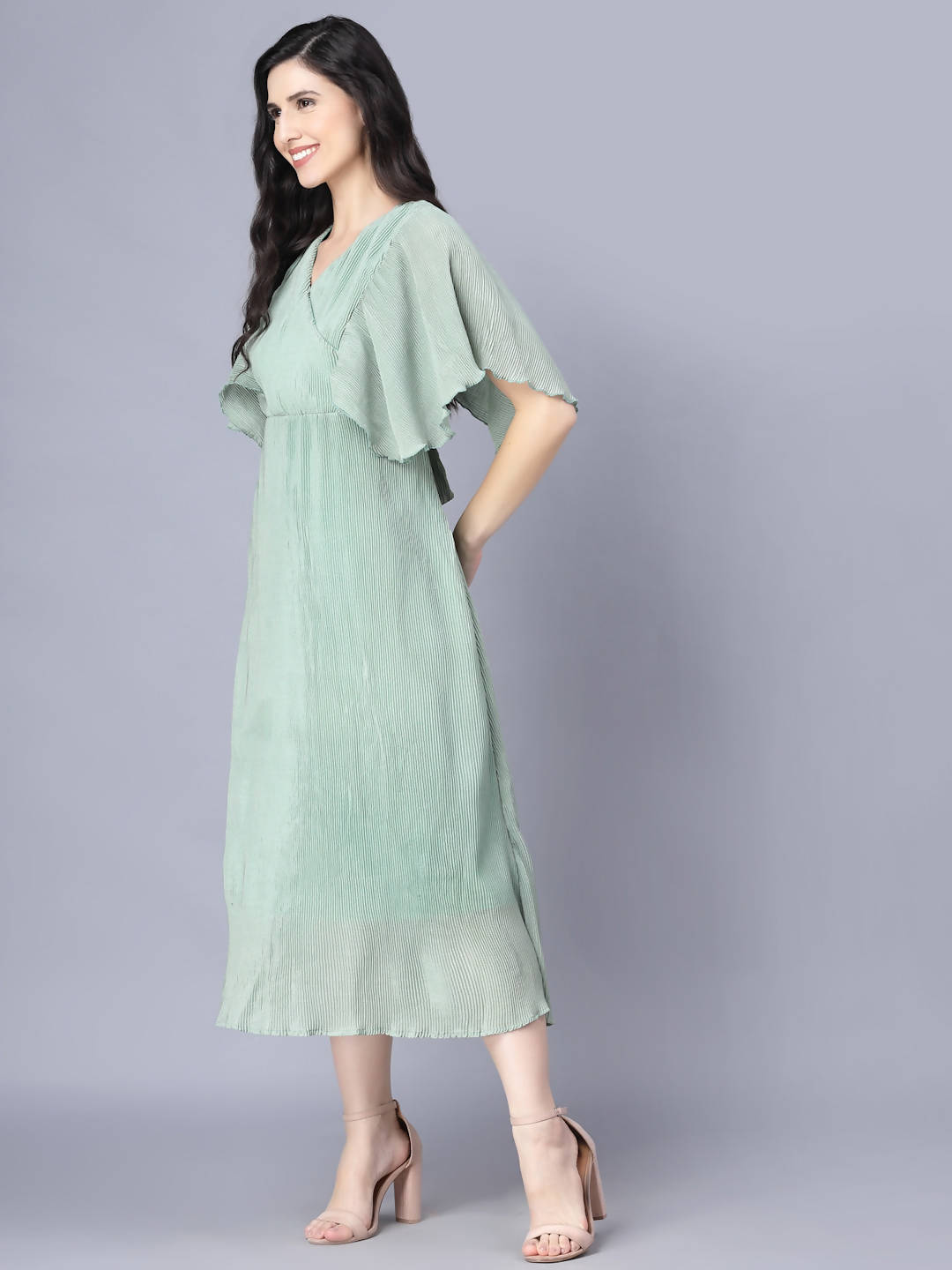 Myshka Chiffon Solid Short Sleeve V Neck Green Women Dress