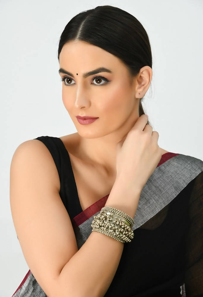 Mominos Fashion Kamal Johar Oxidised Silver-Plated Ghungroo Handcraft Cuff Bracelet 