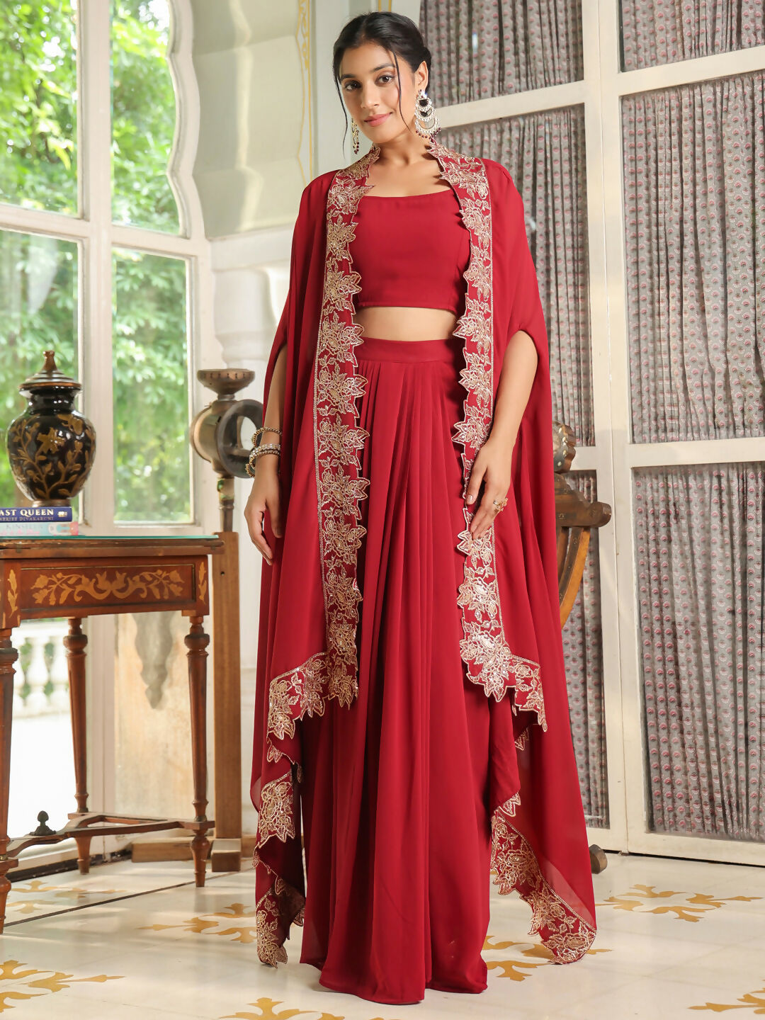 Janasya Maroon Georgette Solid Top Bottom Cape 