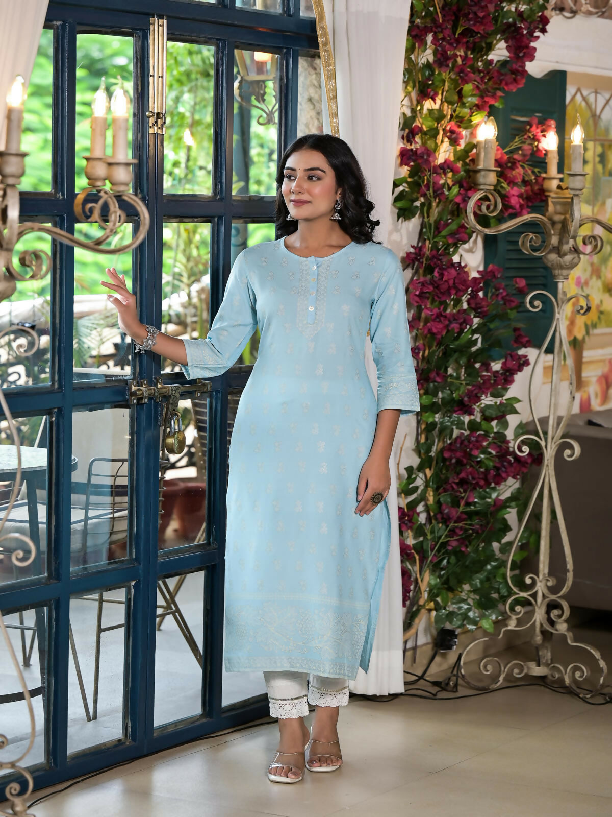 Juniper Women's Powder Blue Ethnic Motif Printed Rayon Kurta With Buttons