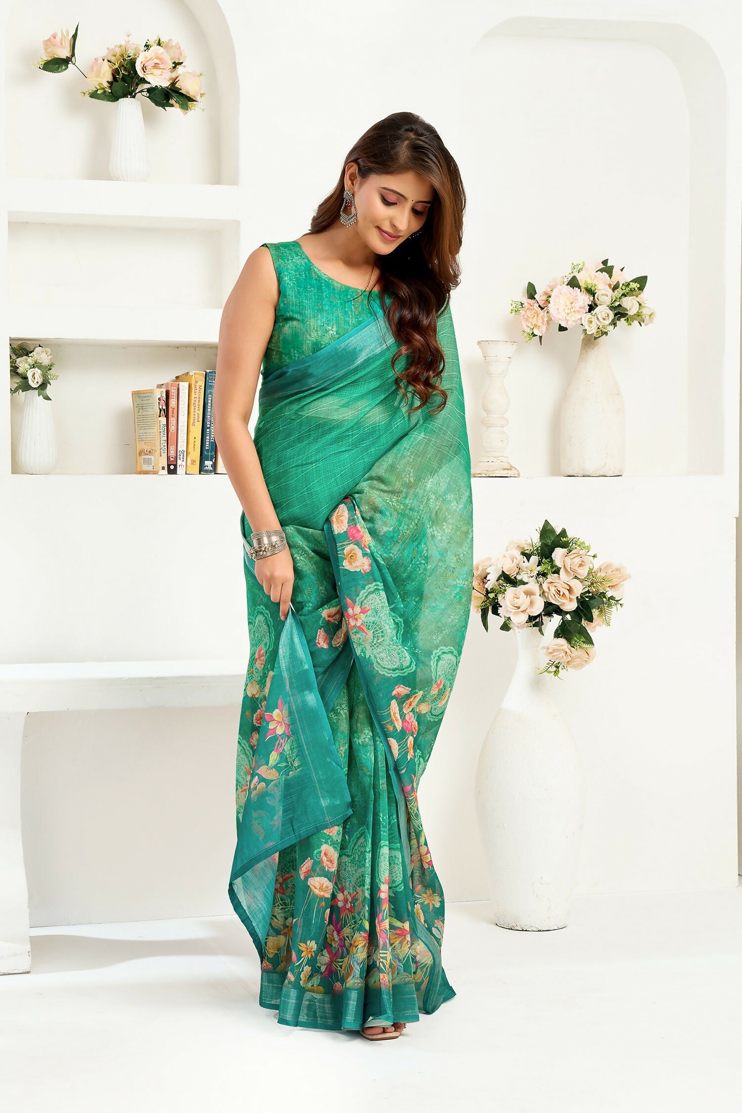 Joban Fashion Rama Green Floral Linen Ready To Wear Saree With Unstitched Blouse