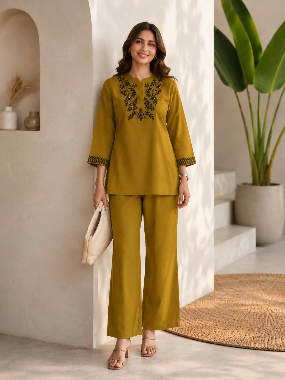 Teeya Creation Mustard Green Embroidered Cotton Co-Ord Set For Women