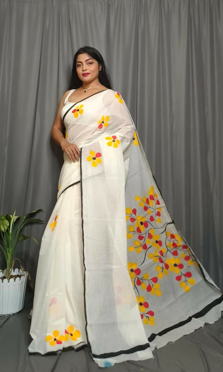 Exclusive Collection Beautiful White Yellow Pure Cotton Hand Print Handloom Grab2Buy With Running Blouse Piece 