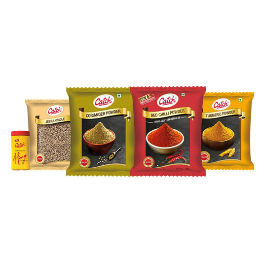 Catch Masala & Spices Combo Five Pack - Coriander Powder 200 gms + Turmeric Powder 200 gms + Red Chilli Powder 200 gms + Cumin Whole 200 gms + Hing 50 gms - Distacart