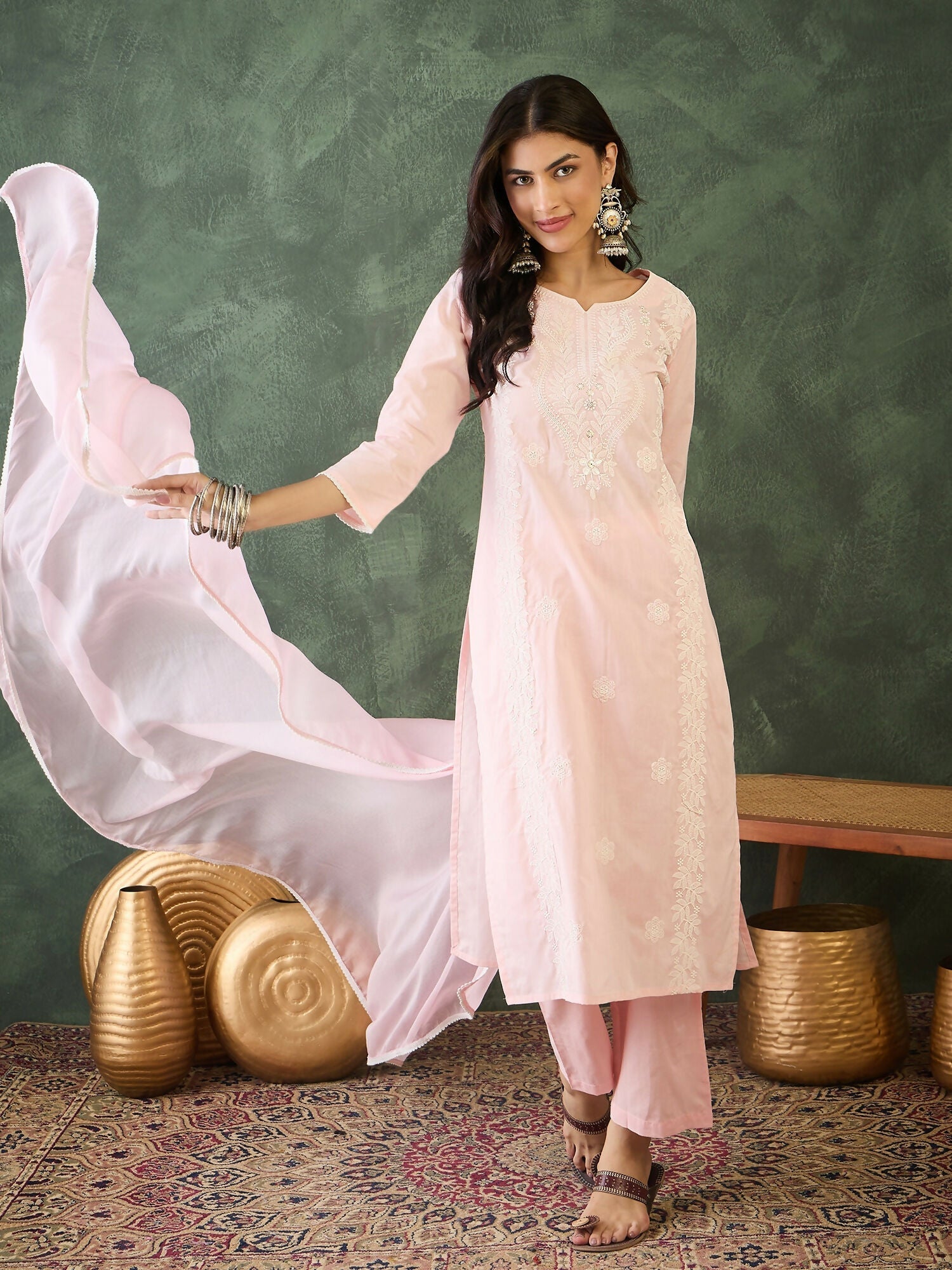The52 Baby pink Women's Gorgeous Cotton Blend Fabric Thread Work Straight Kurta, Pant and Dupatta Set | Grab2Buy