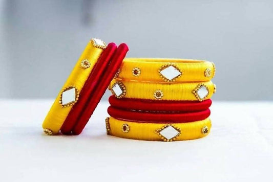 Yellow and Red Silk Threaded Bangles Set of 2 