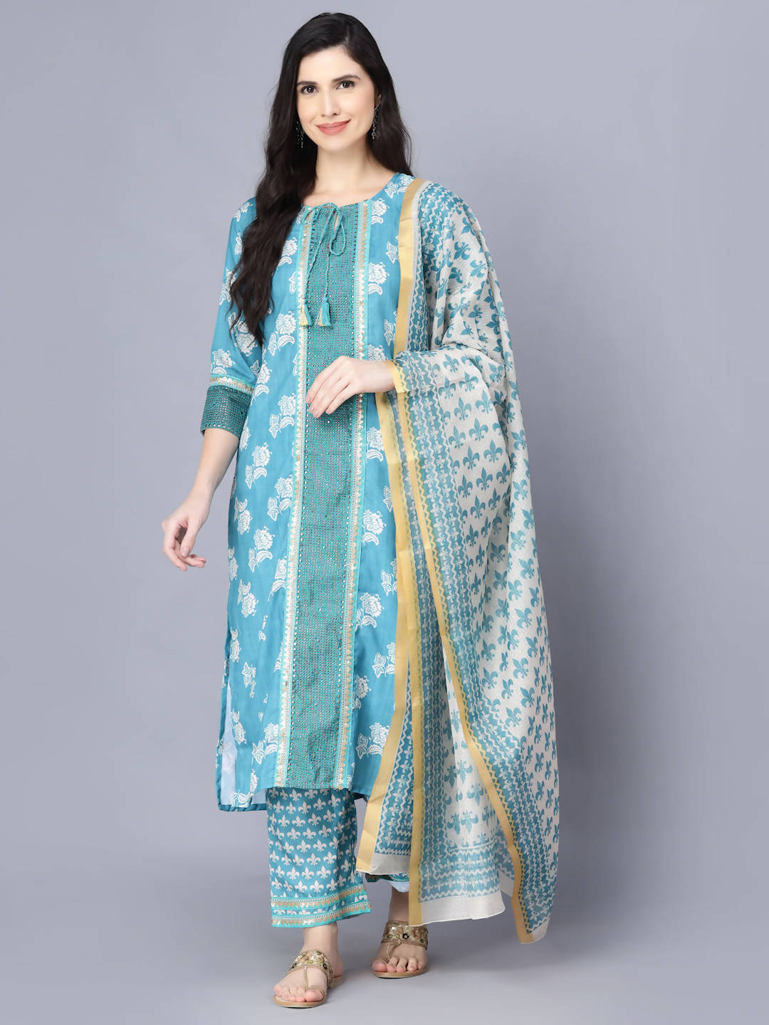 Myshka Women Blue Ethnic Motifs Printed Kurta with Trousers With Dupatta