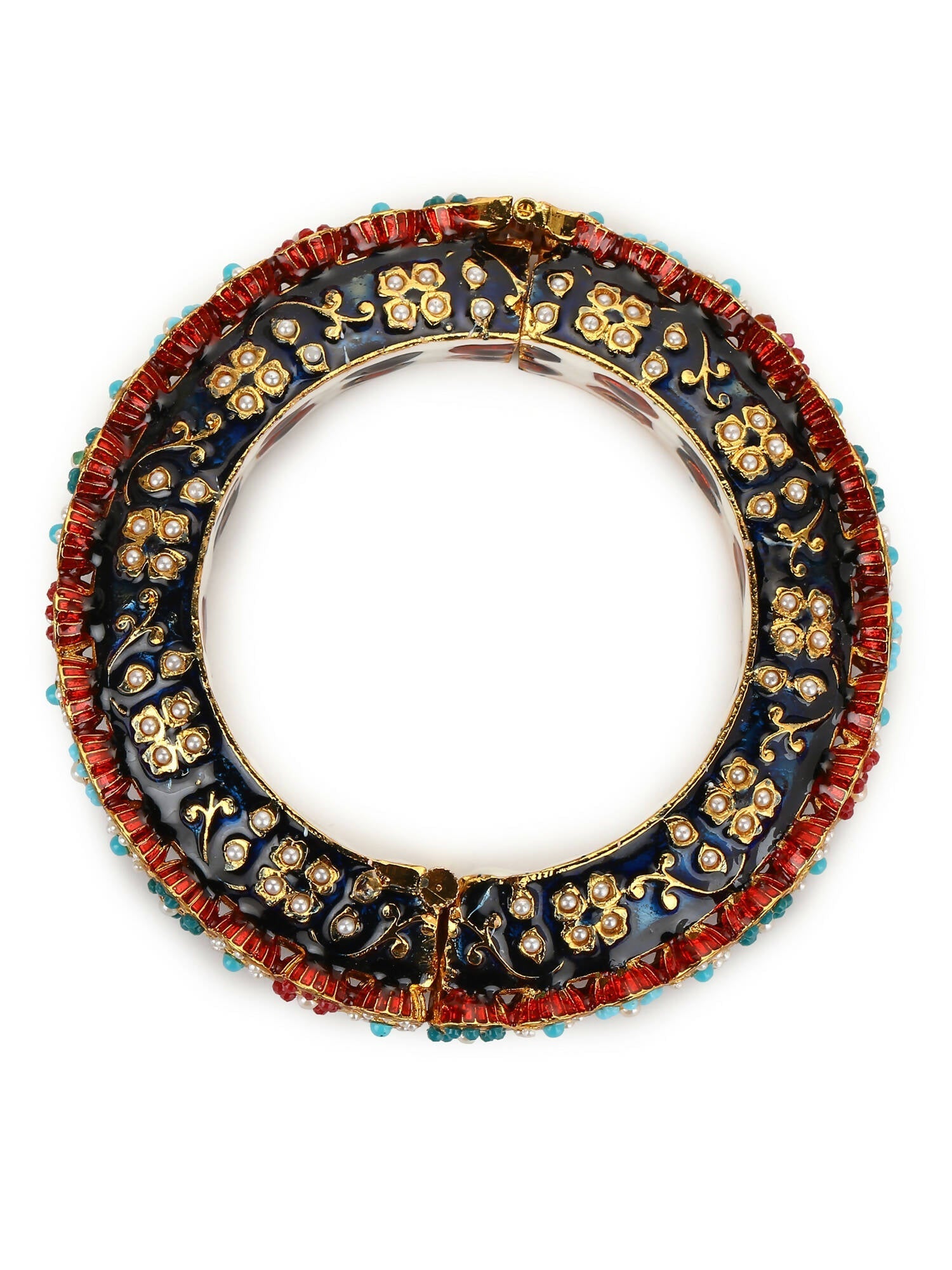 Gold-Polished Blue White Kundan Studded Pearls Beaded Bangle - Ruby Raang 