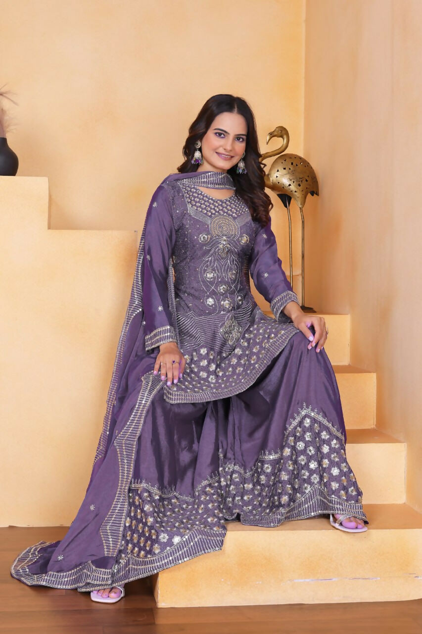 Teeya Creation Lavender Chinon Embroidery Work Party Wear Palazzo Suit