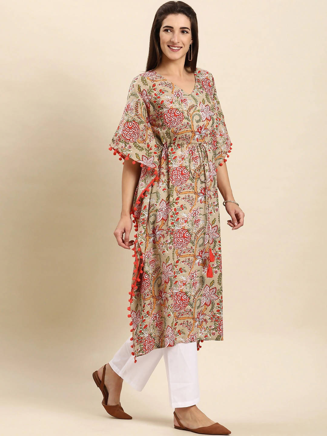 Janasya Women Women Beige & Pink Floral Printed Floral Kaftan Kurta
