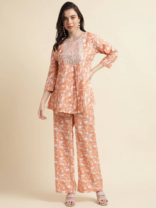 Orange Poly Crepe Digital Printed Top with Matching Bottom - Preeti