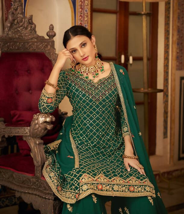 Green Heavy Chinon Semi Stitched Kurta with Bottom & Dupatta - Dhvani