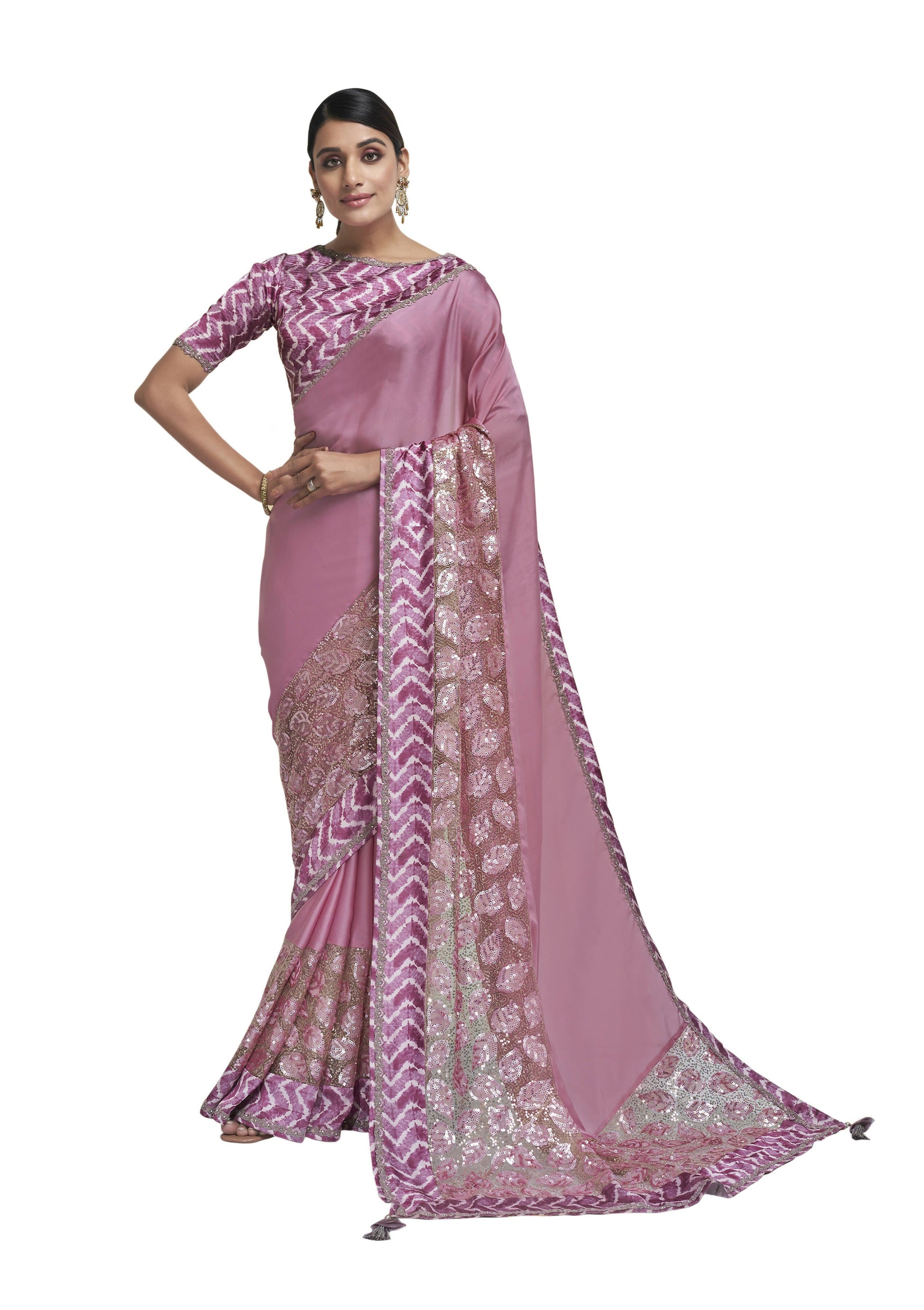 Pink Crepe Georgette Applic Work With Sequence Saree With Blouse Piece - Norita Avyaan