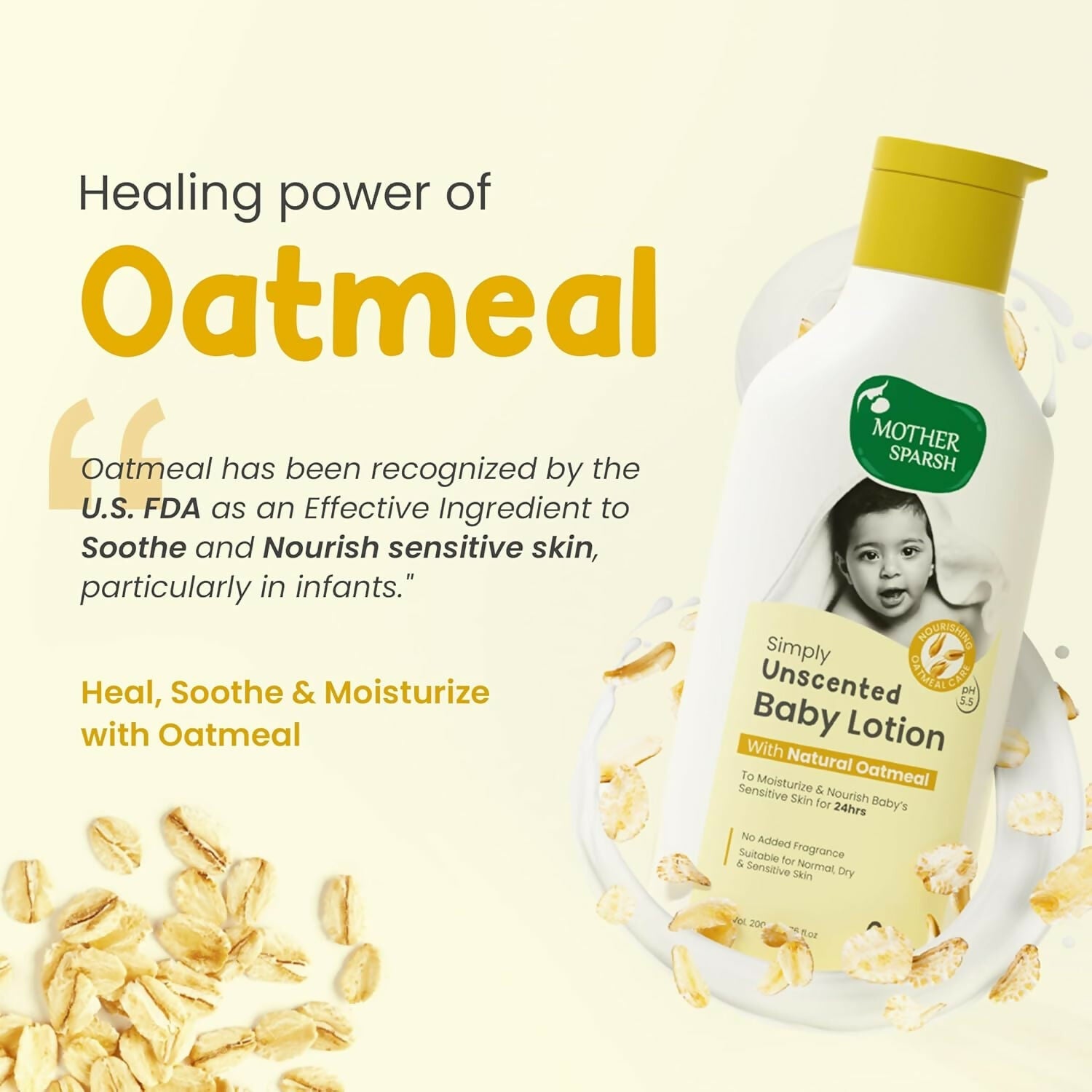 Mother Sparsh Simply Unscented Baby Lotion With Natural Oatmeal, 24hr Protection for Dry, Itchy & Sensitive Skin