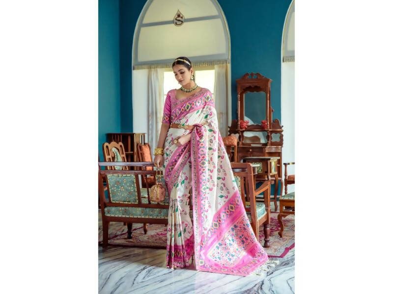 Aastha Fashion Women's Off White Paithani Silk Meenakari Zari Woven Saree with Blouse - Grab2buy