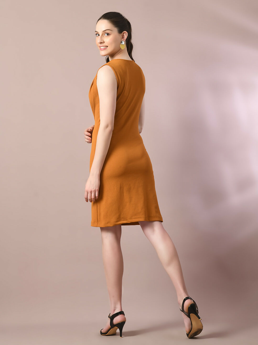 Myshka Women's Mustard Solid Cowl Neck Bodycon Party Dress