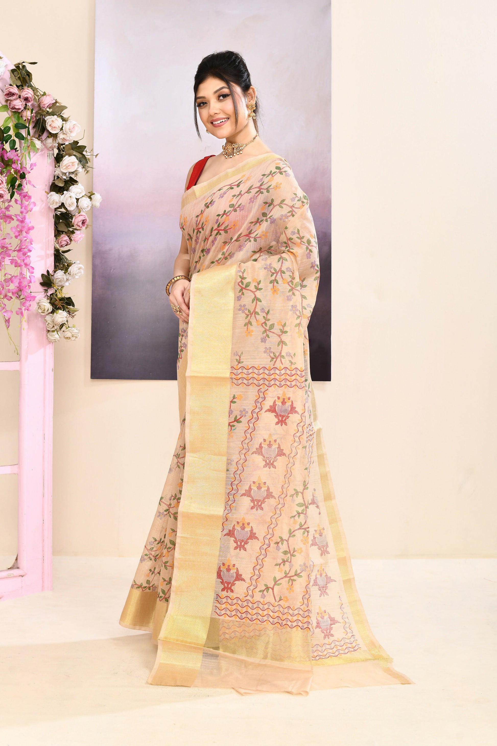 Piyari Fashion Women's Beige Embellished Cotton Blend Printed Saree