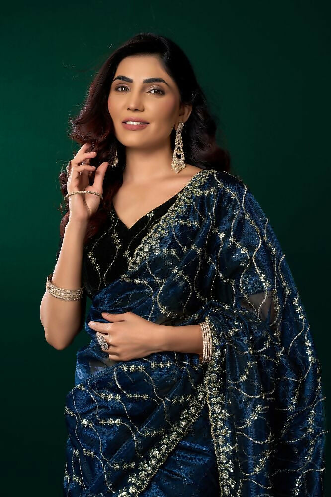 Joban Fashion Navy Blue Net Party Wear Sarees