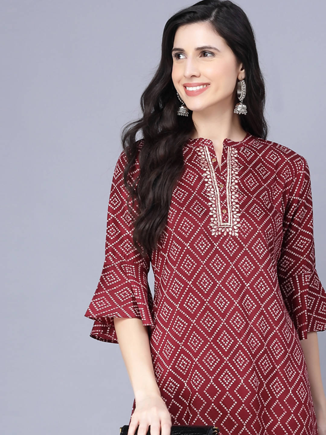 Myshka Silk Printed 3/4 Sleeve Round Maroon Women Kurta