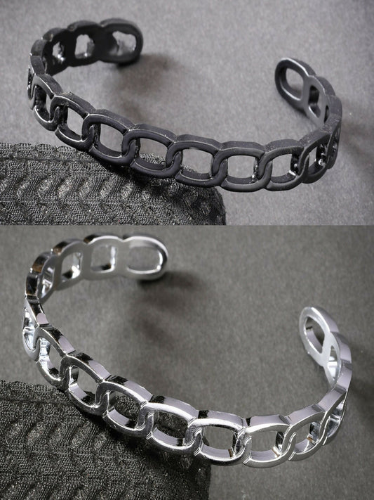 NVR Men's Set of 2 Silver & Black Rhodium-Plated Metal Cuff Bracelet - NR Retail-NVR