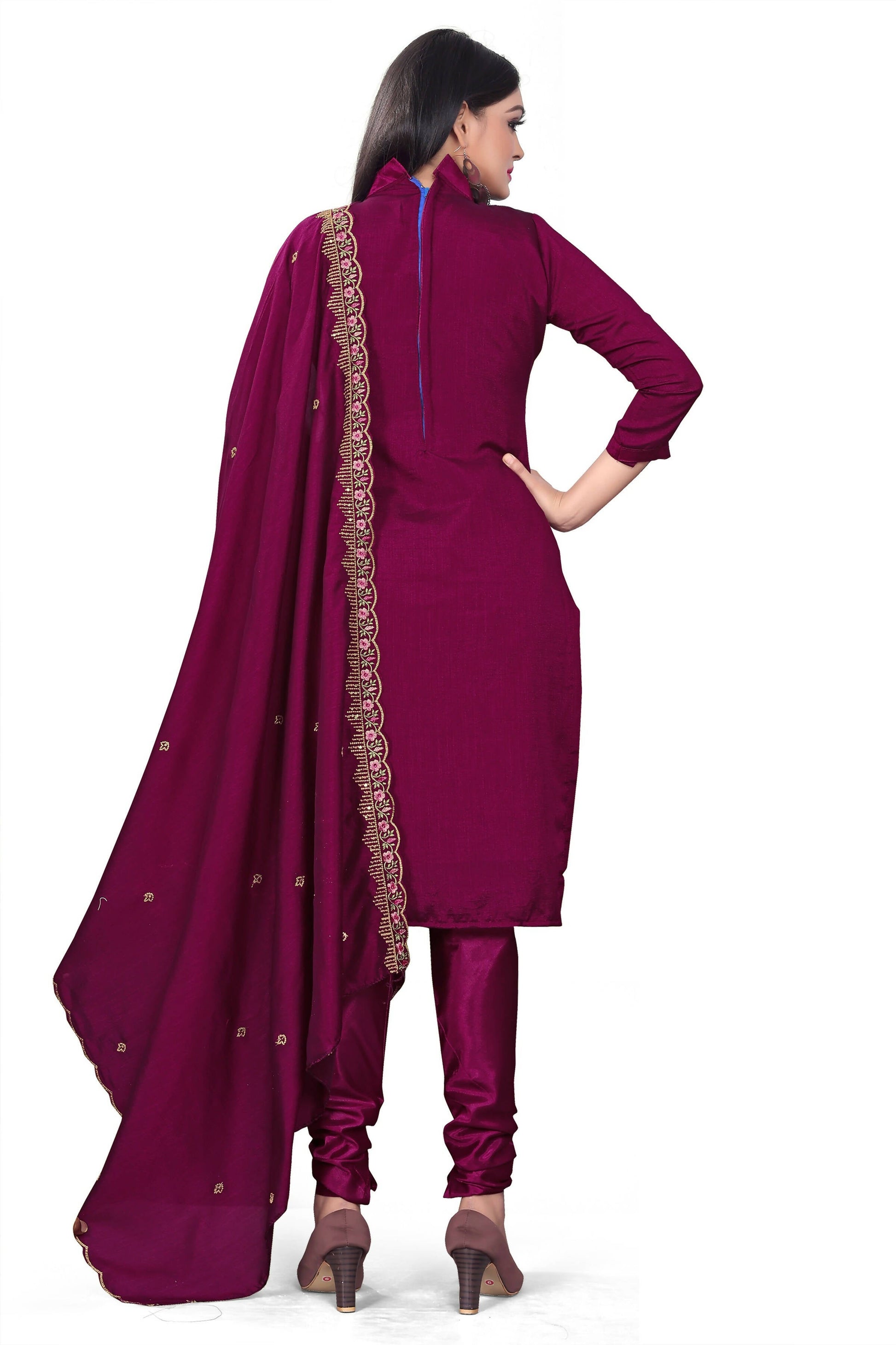 Purple Silk Embroidered with Sequins work Unstitched Dress Material - Tanvi