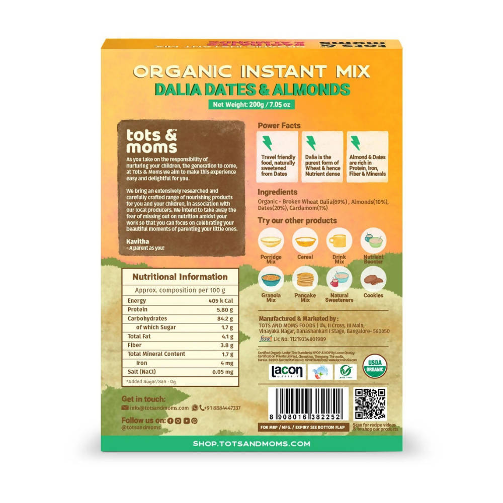 Tots and Moms Organic Dalia Dates & Almonds Instant Mix  Grab2Buy Tots and Moms Grab2Buy