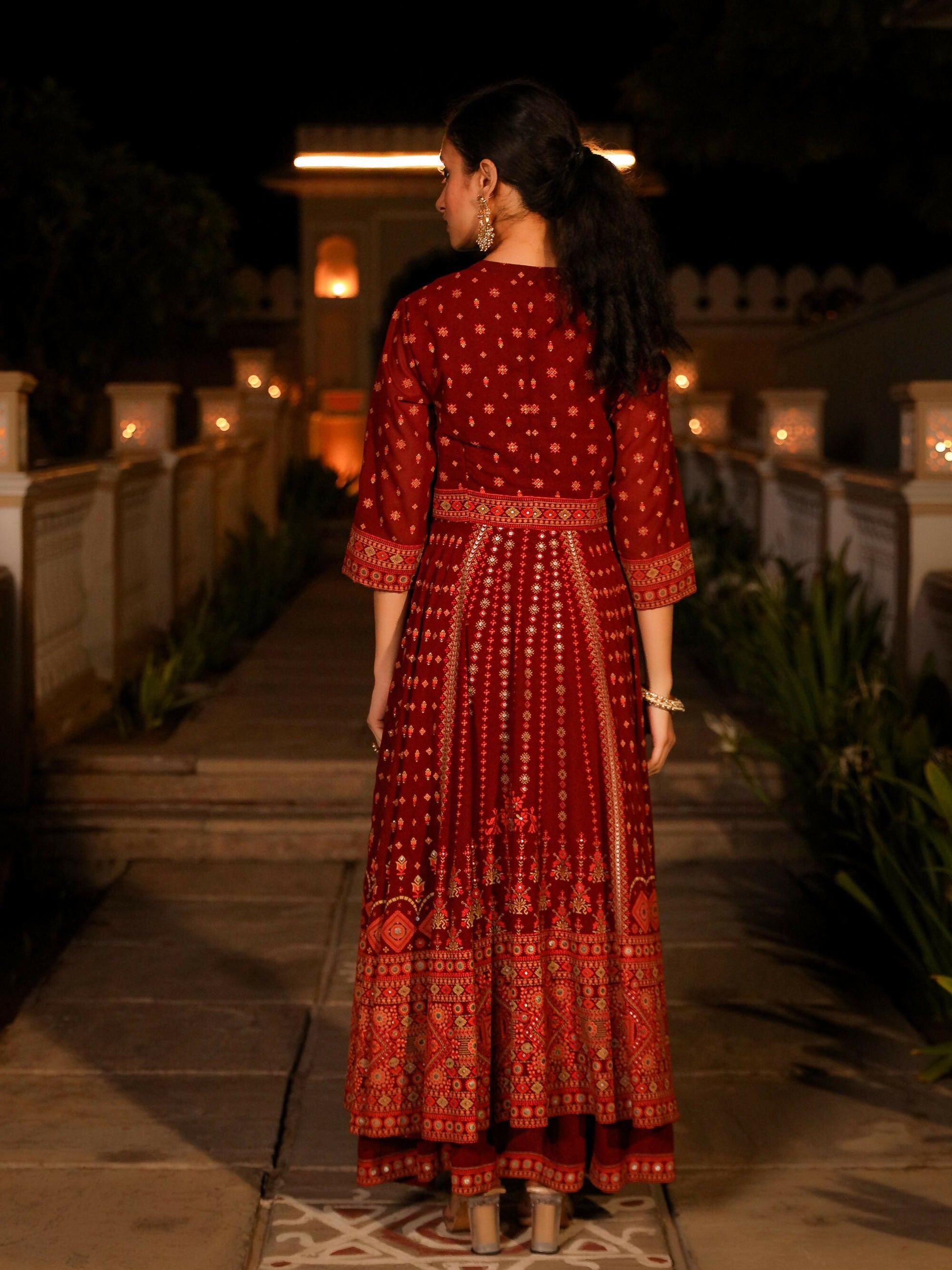 Juniper Women's The Mahautsawam Maroon Ethnic Motif Printed Georgette Dress With Thread & Mirror Work