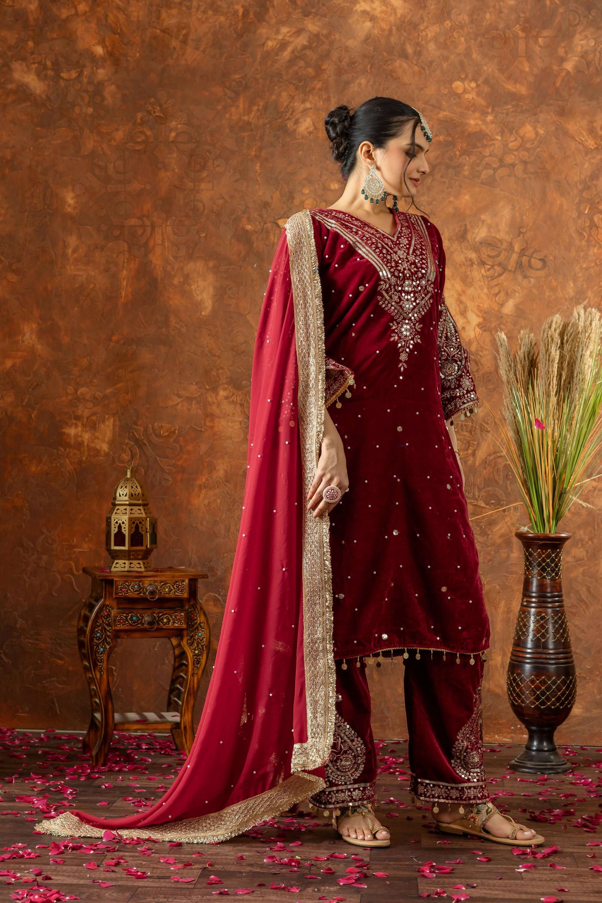 Joban Fashion Deep Maroon Velvet Embroidery Kurta Set