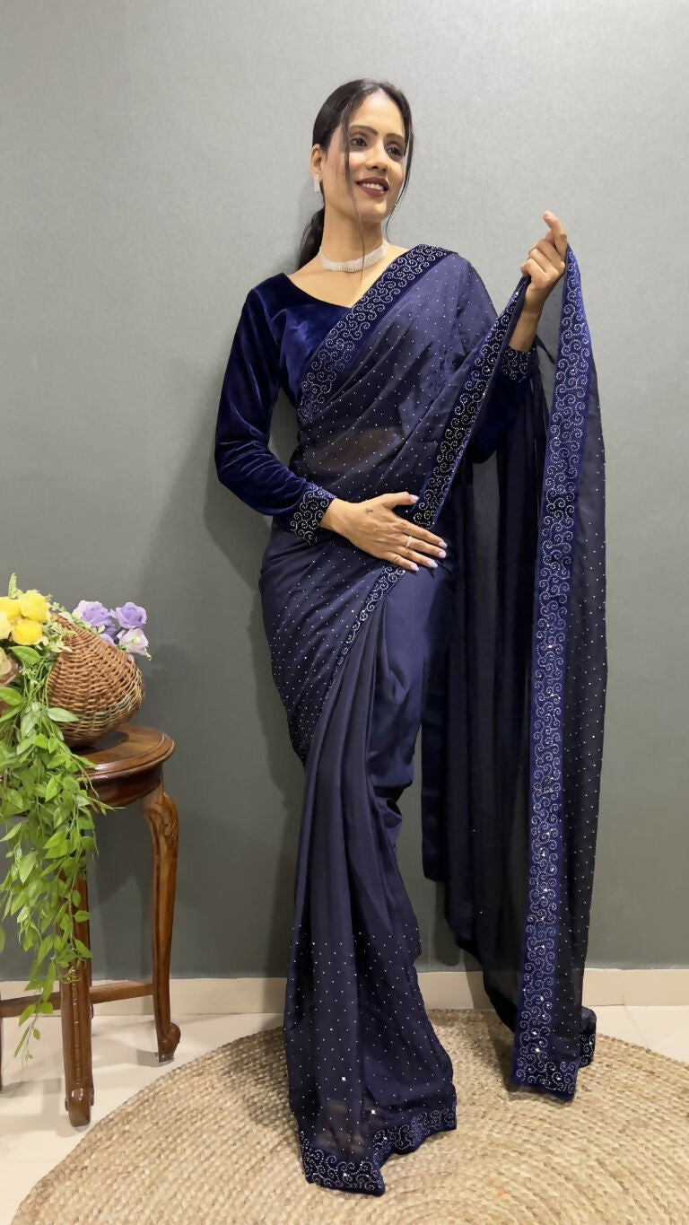 Vastranavya Dark Purple Rangoli Silk Swarovski work Ready to Wear Saree