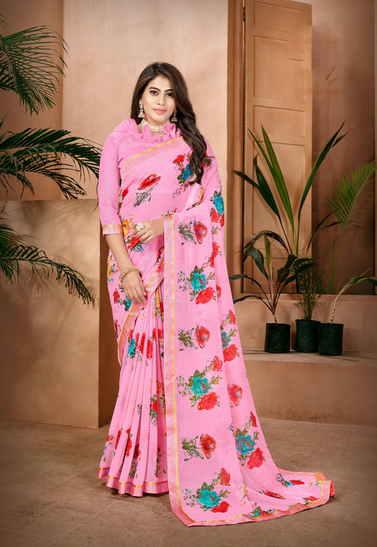 Pink Georgette Floral Printed Saree With Unstitched Blouse Piece - Jyoti