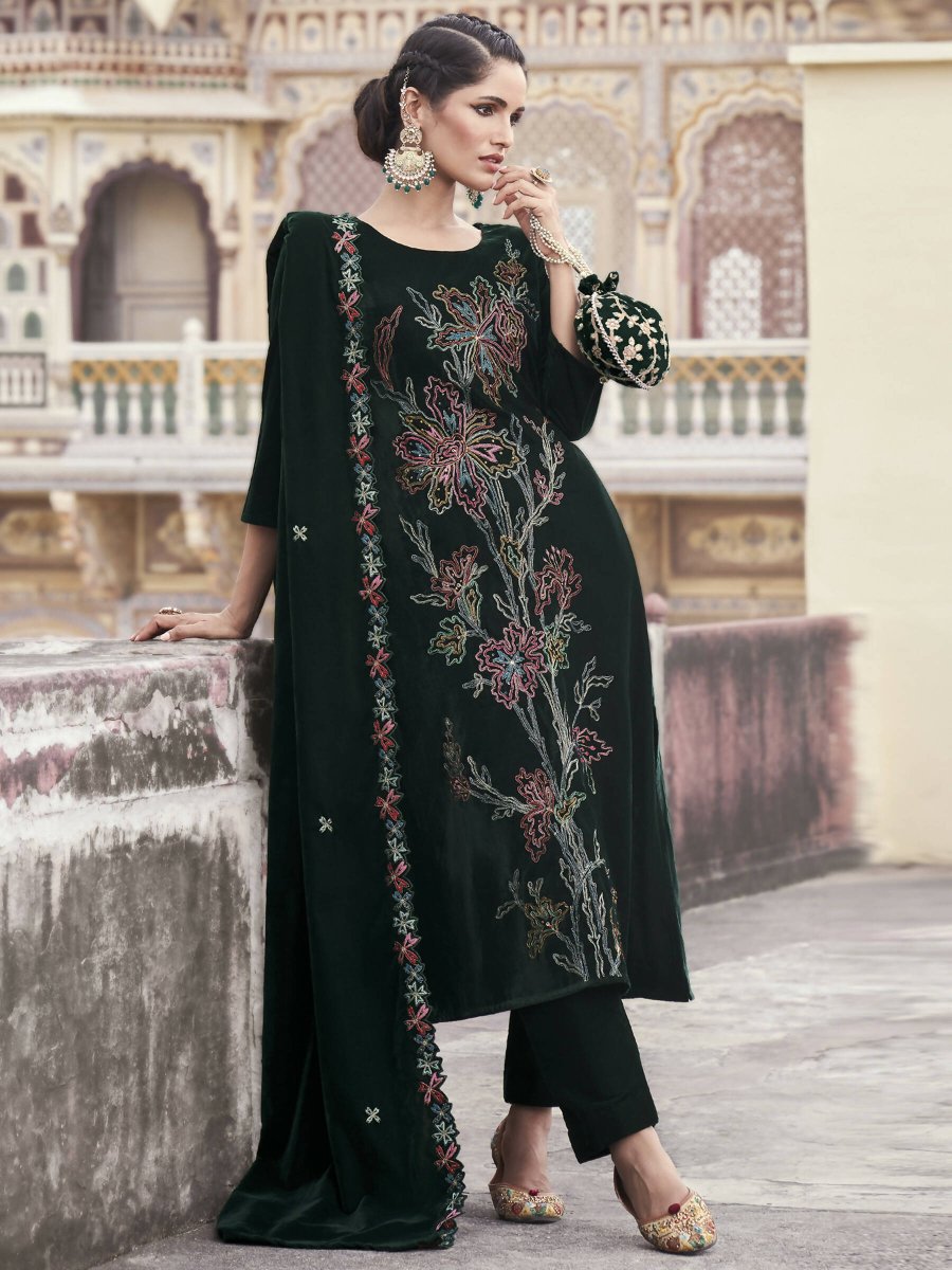 Aastha Fashion Women's Green Velvet Resham Thread with Jari & Sequin Kurta with Trouser & Dupatta - Grab2buy
