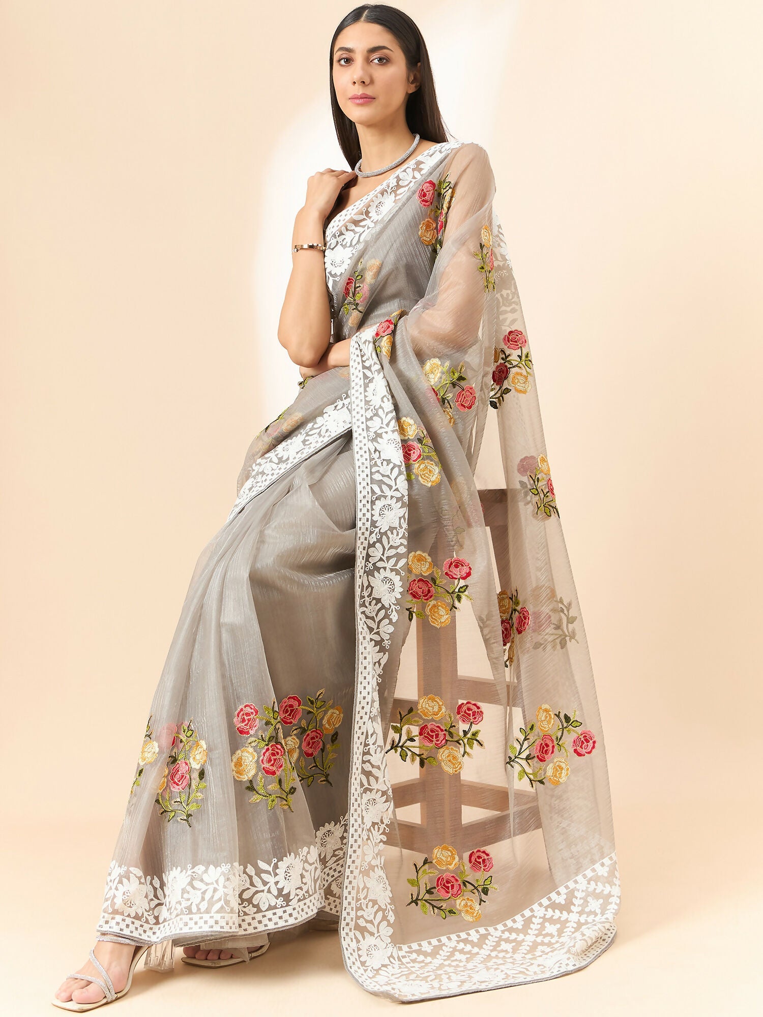 Grey Organza Floral Embroidered Saree with Unstitched Blouse Piece - Roozal
