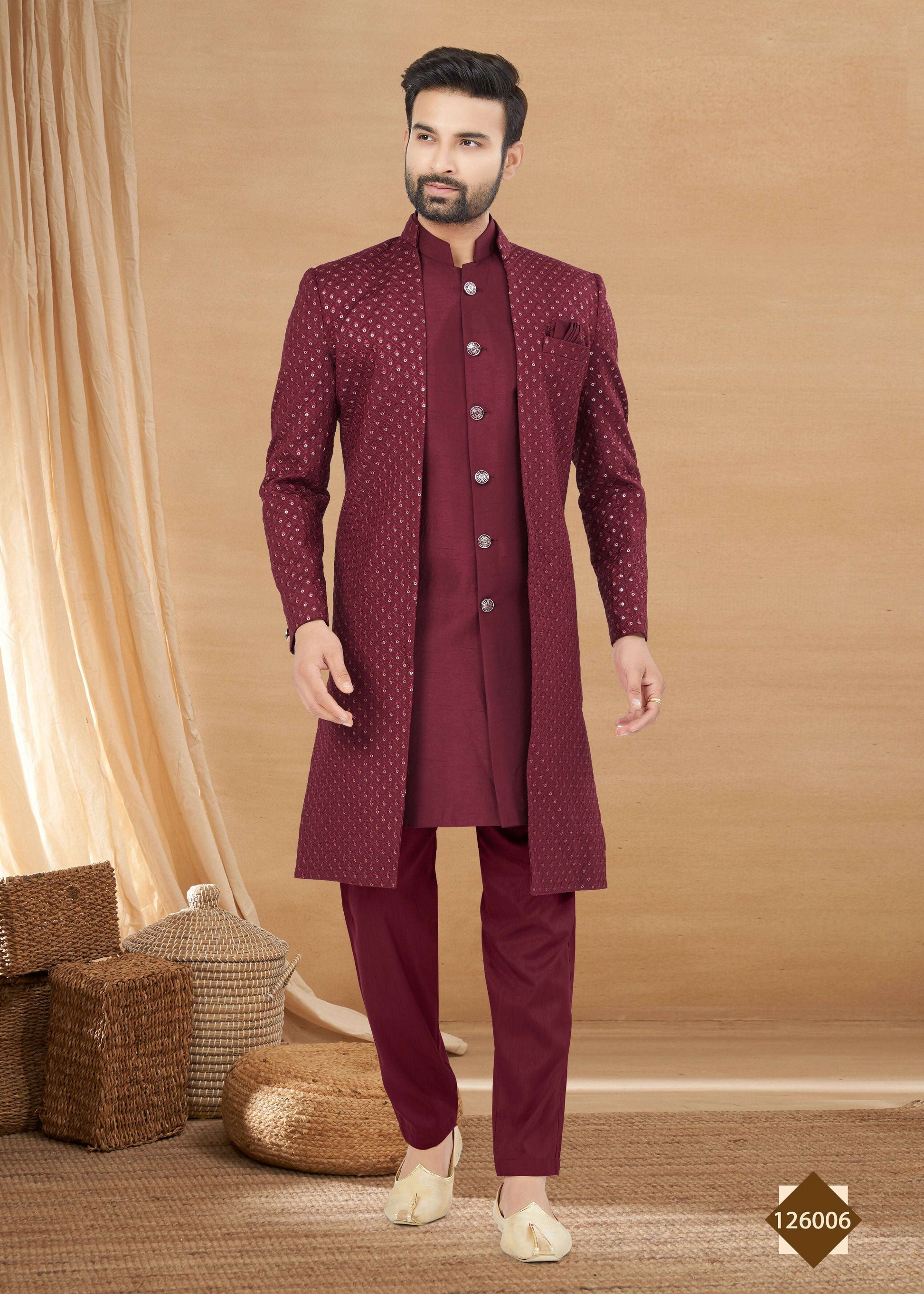 Joban Fashion Men's Maroon Heavy Art Silk Plain Indowestern