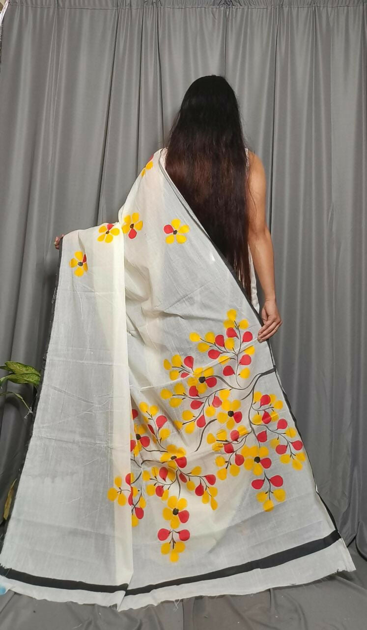 Exclusive Collection Beautiful White Yellow Pure Cotton Hand Print Handloom Grab2Buy With Running Blouse Piece 
