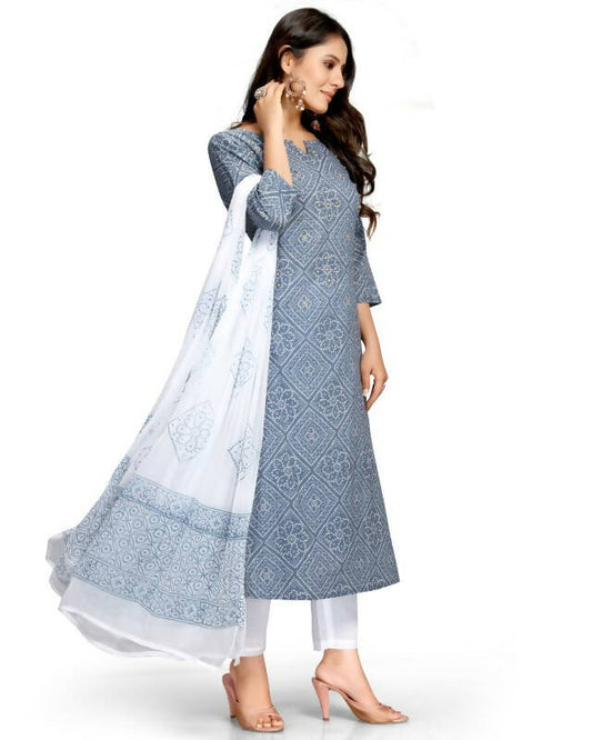 Aastha Fashion Women's Blue Cotton Embroidered Kurta with Trouser & Dupatta - Grab2buy