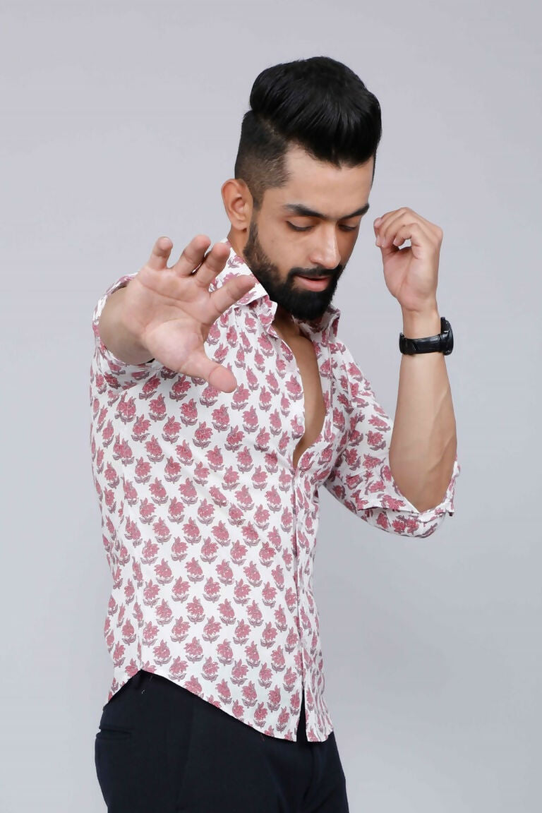 Miravan Men's White & Pink Spread Collar Floral Print Shirt 