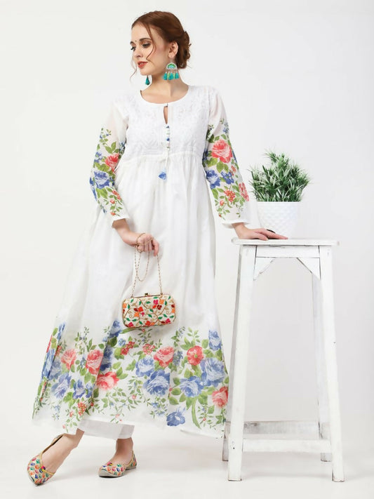 Cheera Women Stylish Hand Chikenkari And Digital Printe Cotton Organza Flared Anarkali Kurta - White