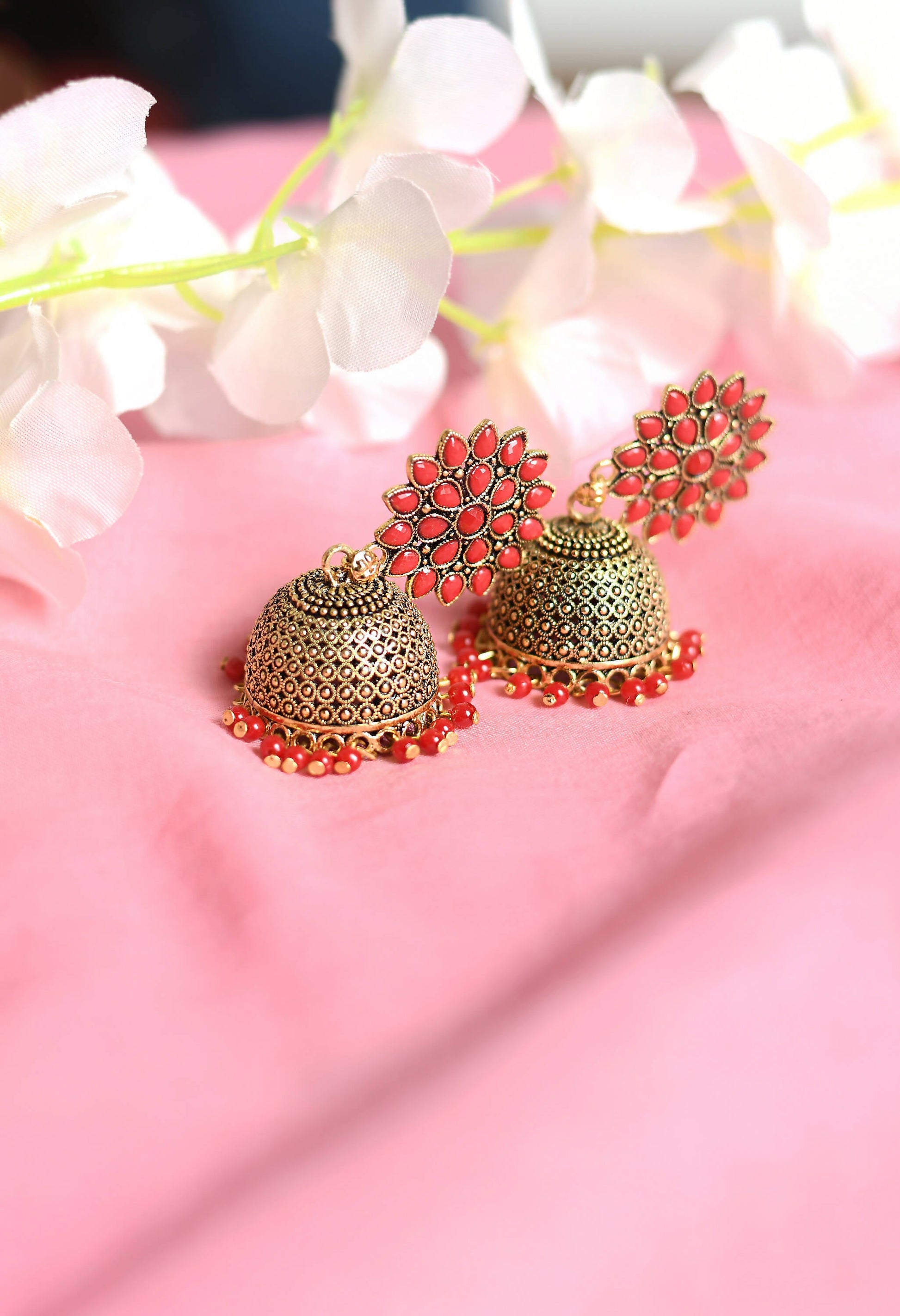 Mominos Fashion Joharkamal Kundan work Jhumka with Red Beads - Grab2buy