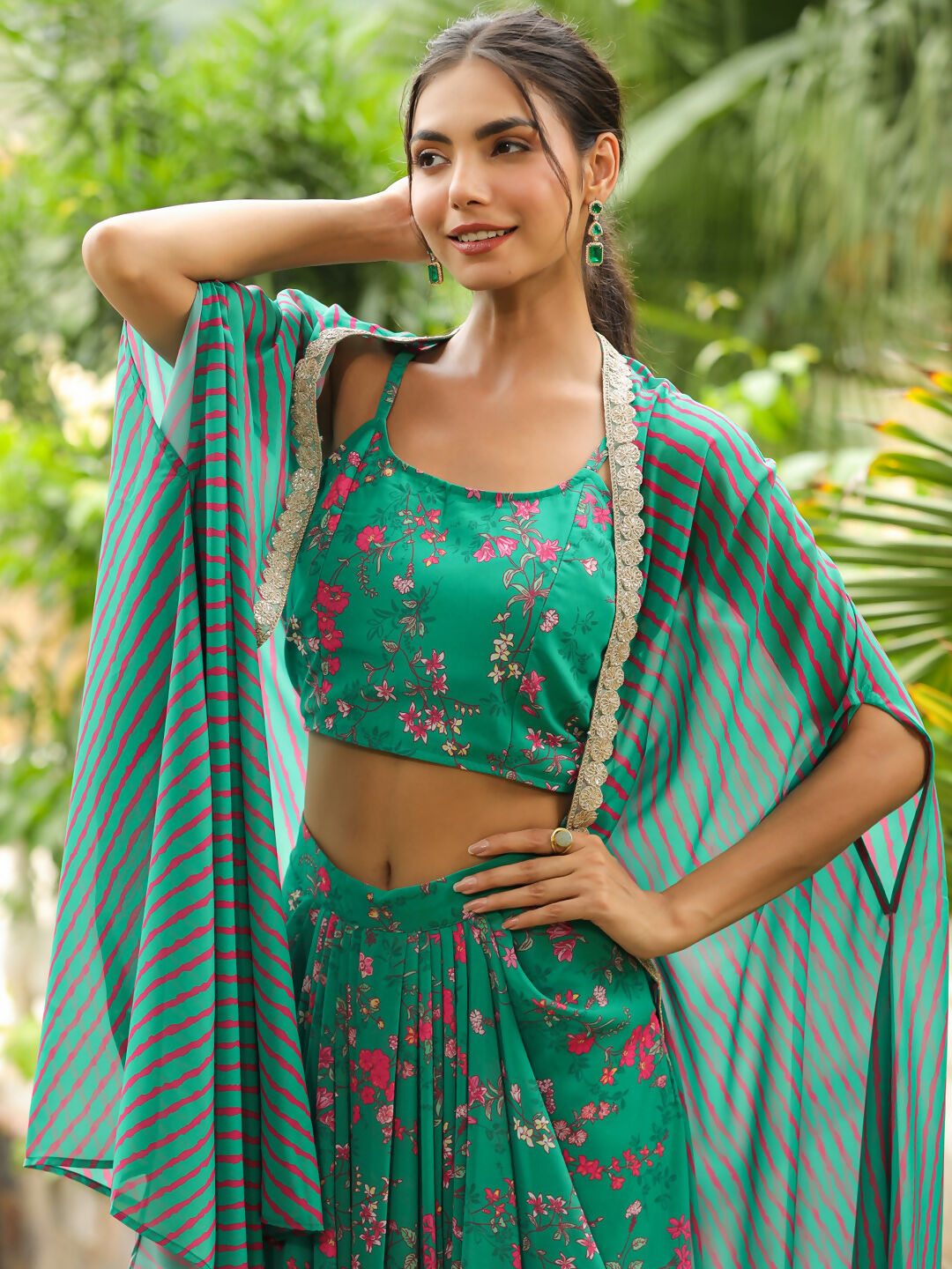 Janasya Green Georgette Floral Top Bottom Cape 