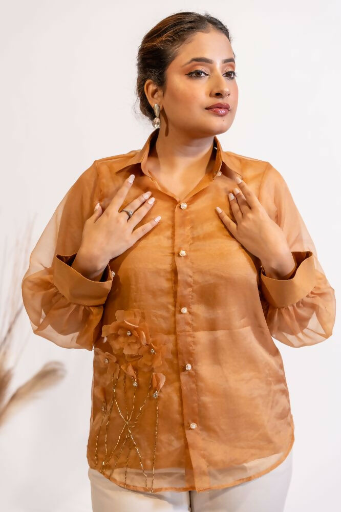 Timaraa Rust Brown Organza Shirt With Pearl & Katdana Embellishment  Grab2Buy Timaraa Grab2Buy