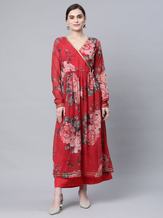 Ahalyaa Women Red Georgette Digital Floral Printed Kurta Palazzo Set - Grab2buy