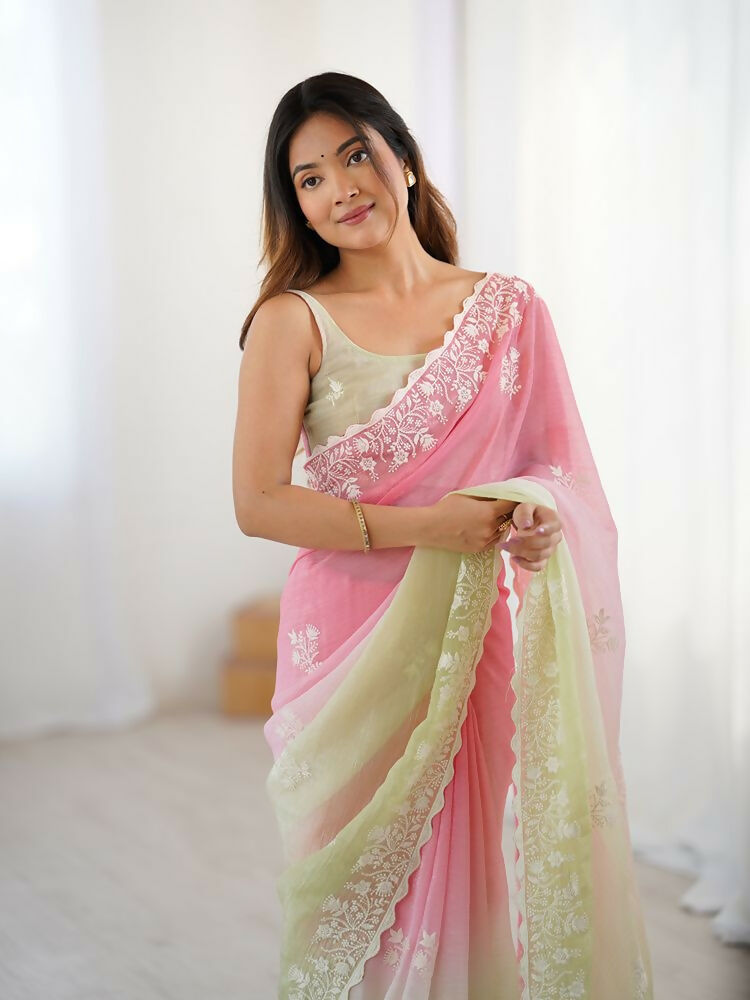 Pink Crunchy Silk Embroidery WorkParty Wear Saree - Lakshita