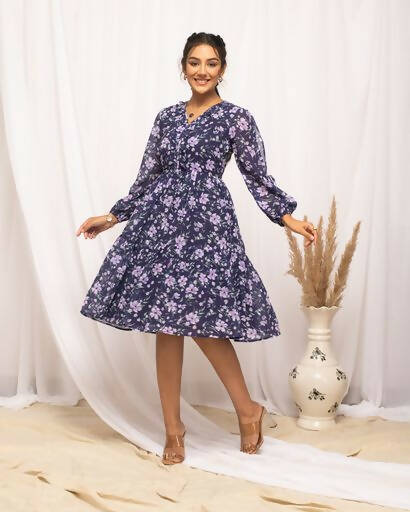 FIORRA Women's Blue Georgette Floral Printed Western Dress 